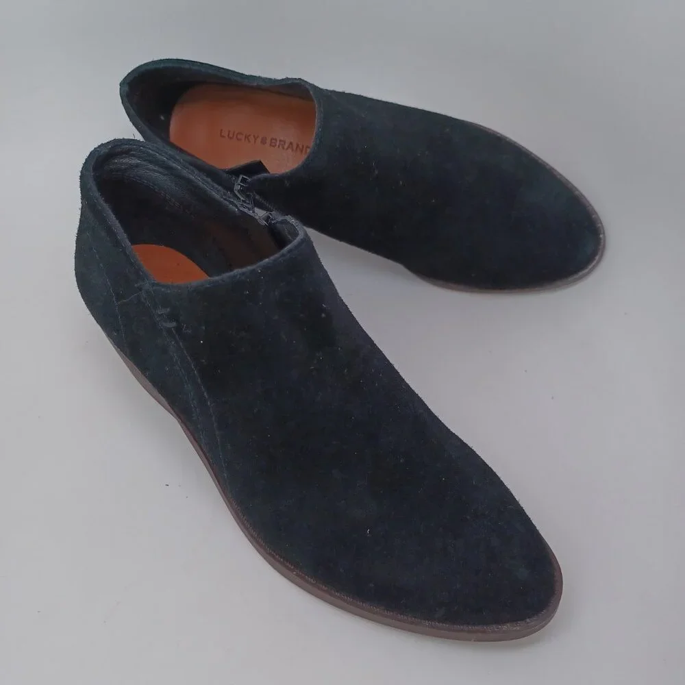 Lucky Brand Ankle Boots Womens‎ US 6.5 M Black Suede Fanky Side Zip Low Heel